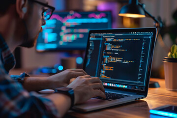 Close-up of a fintech developer coding blockchain solutions for financial services on a laptop 