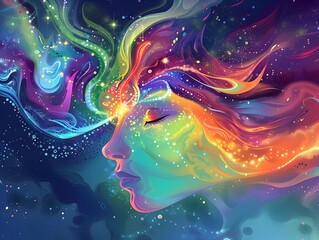 Obraz premium Ethereal Contemplation Dreaming Guides to Mystical Meditation in Iridescent Cosmic Palette