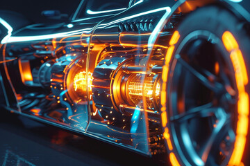 Close-up of a glowing electric engine prototype part of an eco-friendly supercar concept  