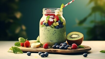 A refreshing fruit smoothie served in a glass jar, made with ripe bananas, berries, spinach, and almond milk, blended to creamy perfection.