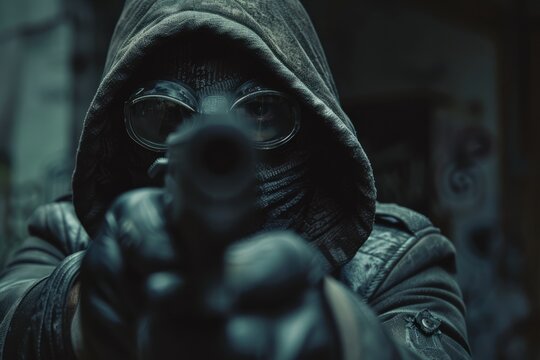 A man wearing a hooded jacket is shown pointing a gun towards an unseen target. He appears to be in a threatening and dangerous position