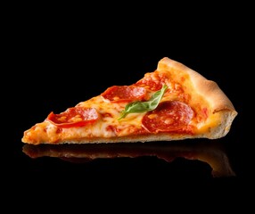 Delicious Pepperoni Pizza Slice with Melted Cheese on Black Background