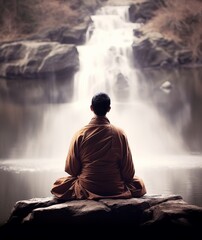 Obraz premium Serene Meditation at Waterfall - Monk Embracing Tranquility in Nature