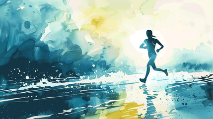 Watercolor painting of woman athlete in motion, running . Blue splashes.  Sport photography with copy space. Marathon runner, joggers. Happiness from workout, summer sports