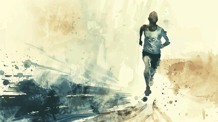 Watercolor painting of athlete  in motion, running under. Sport photography with copy space. Grey blue splashes. Marathon runner, joggers. Happiness from sport outdoor, summer sports