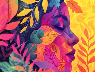 Illustrate a stunning portrait of a serene forest scene seamlessly intertwined with bold, vibrant geometric patterns, creating a harmonious fusion of nature and art