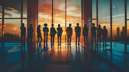 Double exposure image of many business people teamg group silhouette office background.
