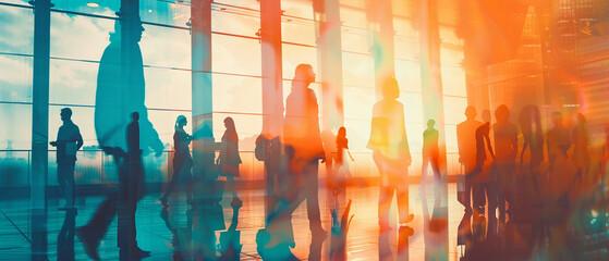 Double exposure image of many business people teamg group silhouette office background.