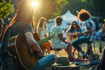 Summer music festival. Group of friends is gathered outdoors, sitting in circle and playing guitars and singing together. 