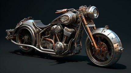 A motorcycle with metal parts and a metal plate.