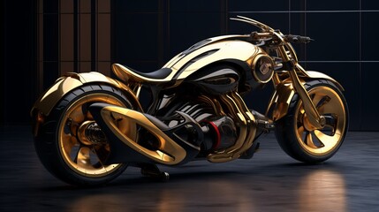 A futuristic motorcycle with a gold body and a black body