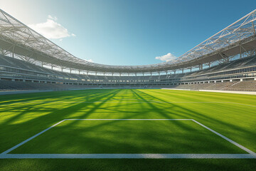 Empty soccer stadium with a lush green field ready for a match or practice. Green grass  in sports...