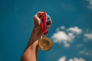 Persons hand holding gold medal against blue sky background. The winner in summer sports. Champion prize