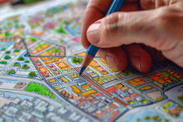Close-up of a hand drawing a sustainable urban development plan on a canvas, global economic zones marked  