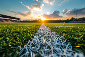 White marking line, symmetrical perspective shoot. Sunshine over soccer football field, with the...