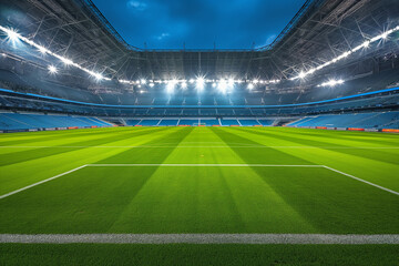 Green grass  in sports arena with lights background. Soccer field lines. Background soccer lawn grass football stadium 