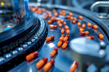 Close-up of a high-speed pharmaceutical manufacturing line with capsules being filled, showcasing...
