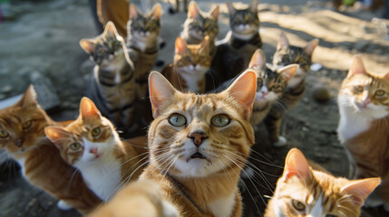 lots of cats taking a selfie while,wide angle,realistic,cinematic light