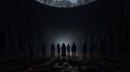 A group of people stand in front of a large hole in a dark background
