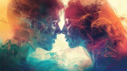 Colorful artistic representation of a couple about to kiss, with swirling abstract elements