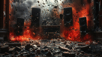 Dynamic image capturing the moment of a sound system exploding with intensity