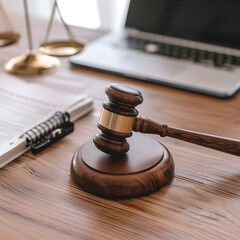 Wooden gavel on a desk, symbolizing law, alongside a laptop, scales, and legal documents