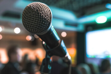 Close-up of a microphone at a financial technology conference spotlighting discussions on how fintech innovations are reshaping the economic landscape 