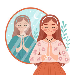 Mental health, happiness, harmony, balance. Creative concept. Happy girl in flat style. Positive thinking.