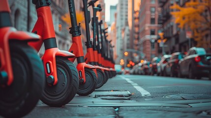  an electric scooter fleet for urban mobility, lined up and detailed in the center of a cityscape.