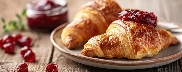 Freshly baked croissant paired with sweet jam, perfect for a gourmet breakfast or snack.