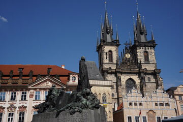 Obraz premium Old town square in Prague, Tyn Cathedral of the Virgin Mary and monument of Jan Hus. Czech Republic, World Heritage Site by UNESCO