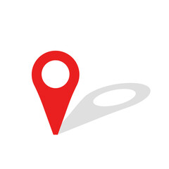 Pin map place location icon with shadow. location pin marker, gps marker, pointer, Pinpoint place element design. Red marker with white dot. Vector illustration isolated on background