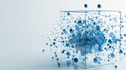 Blue spheres interacting with a transparent cube in a minimalistic composition.