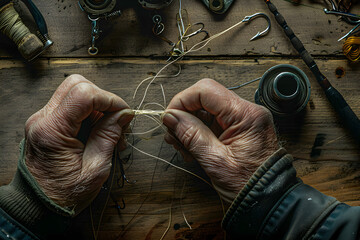 Intricate Detail of Tying a Fishing Knot Amidst Array of Fishing Equipment - obrazy, fototapety, plakaty