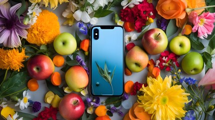 Smartphone adorned with vibrant flowers and fruits,