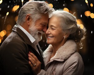 Elderly couple hugging in their snowy backyard, a warm glow from the house illuminating them