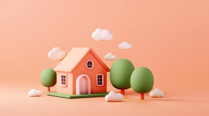 A 3D rendered cartoon of a cute house and some trees in yard and some fluffy white clouds in the sky isolated on red pink background.