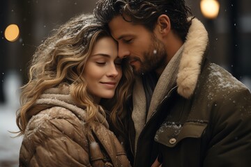 A couple warming up with a tight hug during a brisk winter walk in the park