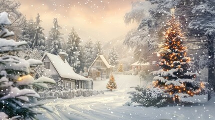 Naklejka premium Christmas village with Snow in vintage style. Winter Village Landscape