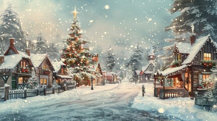 Christmas village with Snow in vintage style. Winter Village Landscape
