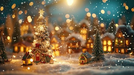 Christmas village with Snow in vintage style. Winter Village Landscape