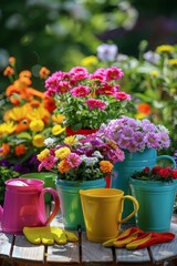 Fototapeta na wymiar Assorted garden flowers in colorful pots on a sunny table watering can and gloves nearby