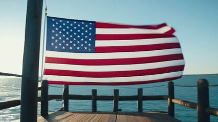 An American flag proudly waves in the breeze on a sunny pier, representing freedom and patriotism against a serene maritime backdrop