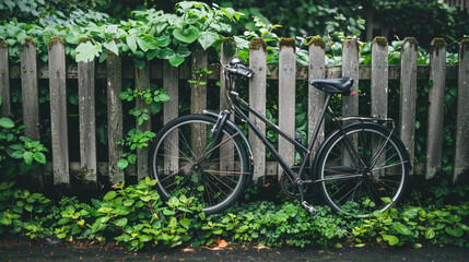 bicycle leaning against a rustic wooden fence, surrounded by lush greenery, representing simplicity and environmentally conscious travel. - Powered by Adobe