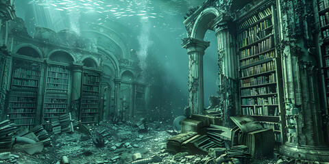 Old haunted library with books that fall off shelves by unseen hands, background with lots of light spots. 
