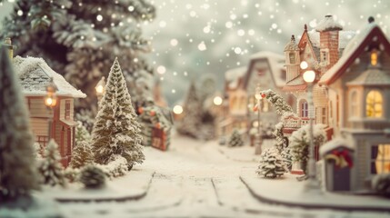 Christmas village with Snow in vintage style. Winter Village Landscape