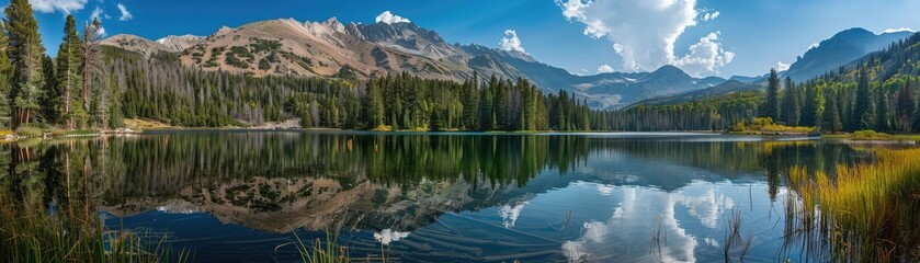 Serene landscape of a majestic mountain range by a tranquil blue lake with forested shores bathed in sunlight