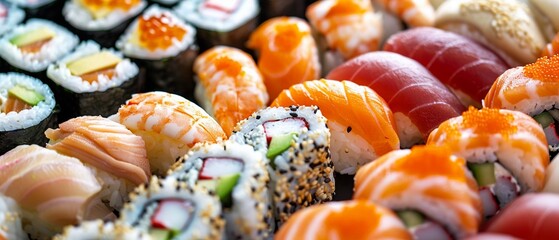 Large platter of assorted sushi vivid colors