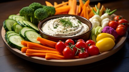 A tray of colorful vegetable crudites served with creamy hummus and tzatziki sauce, featuring crisp bell pepper strips, carrot sticks, cucumber slices, and cherry tomatoes.