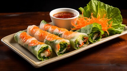 A tray of colorful veggie spring rolls served with sweet chili dipping sauce, featuring crisp lettuce, shredded carrots, cucumber, and rice noodles wrapped in rice paper.
